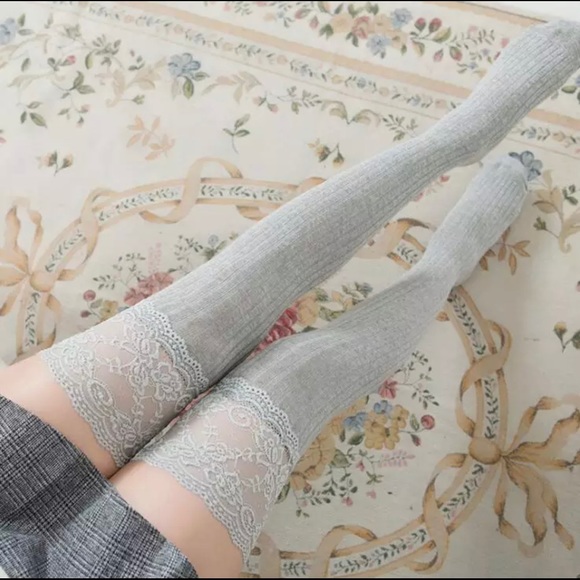 Long Cotton Socks With Lace Gray - Picture 2 of 4